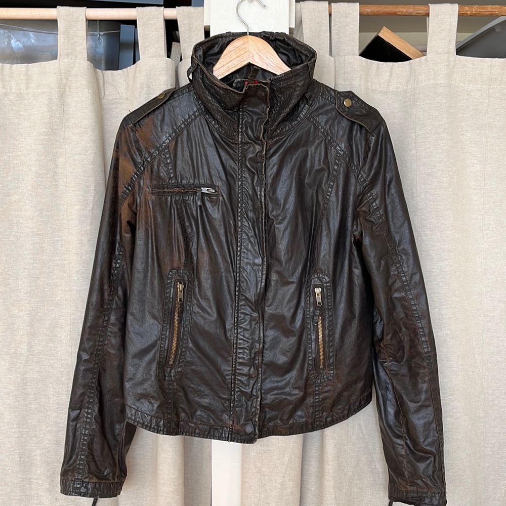 Distressed Brown Vegan Leather Moto Jacket